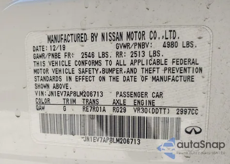 2020 Infiniti Q50 Luxe from USA, damaged, VIN JN1EV7AP8LM206713